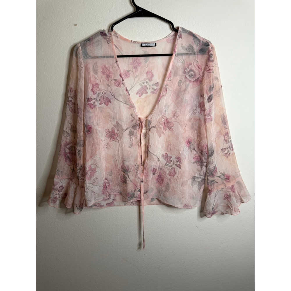 Women's Believe Pink Floral Sheer Open Tie Cardigan Blouse Size 6